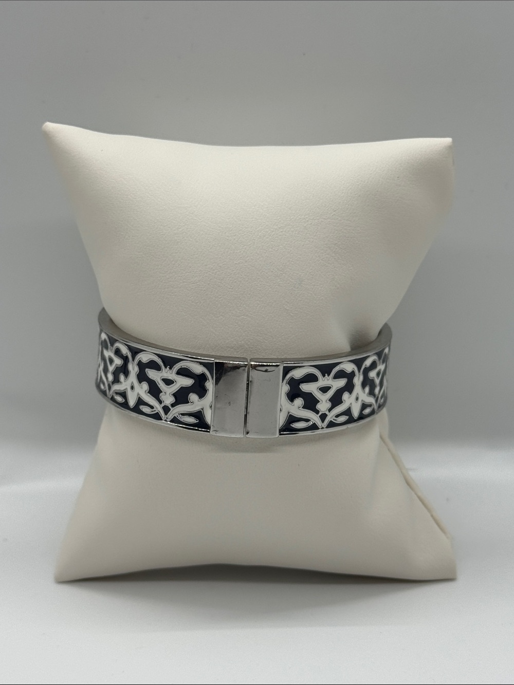 Talbots Silver Tone Black Enamel Hinged Bangle Bracelet